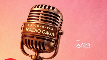 Microfone dourado anuncia radionovela 'Rádio Gaga', com apoio da Arko Pharma