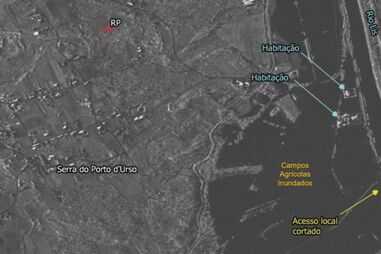 Mapa em satélite de Leiria que mostra região inundada em janeiro de 2026