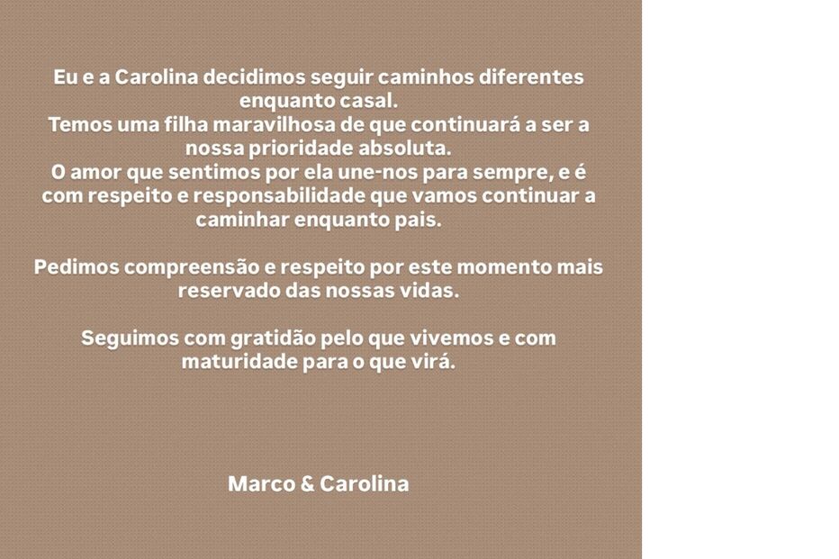 Marco Costa e Carolina Pinto anunciam separação