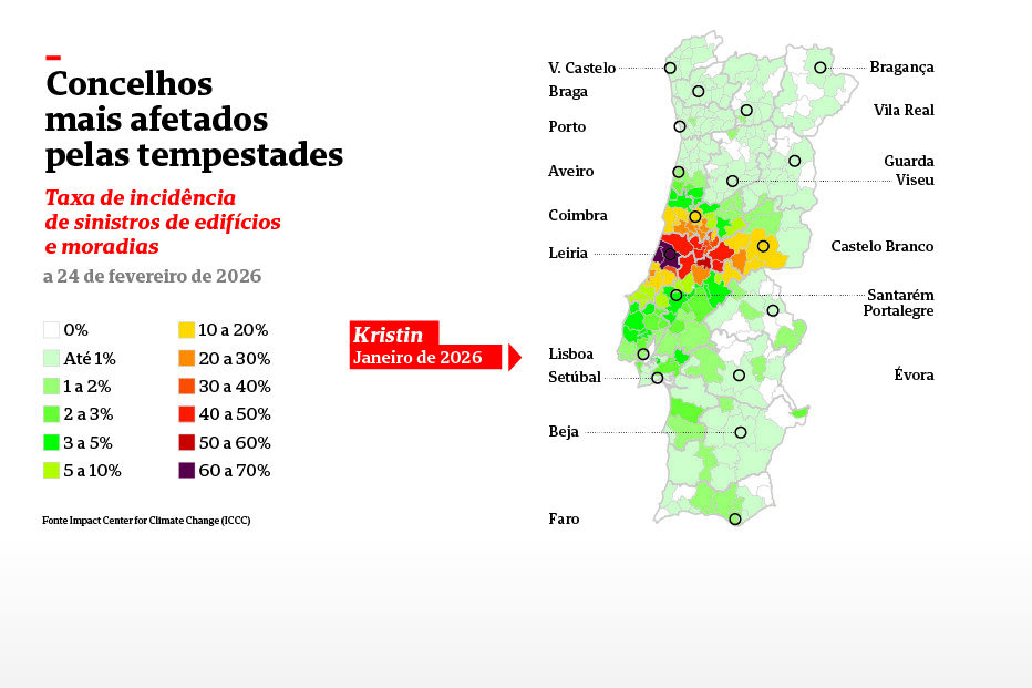 Concelhos mais afetados pelas tempestades