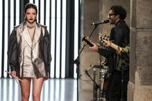 Desfile da ModaLisboa com modelo e banda musical em palco