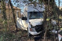 Carrinha branca danificada após embater numa árvore