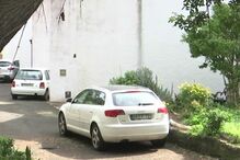 Rua arborizada com carros estacionados junto a muro branco