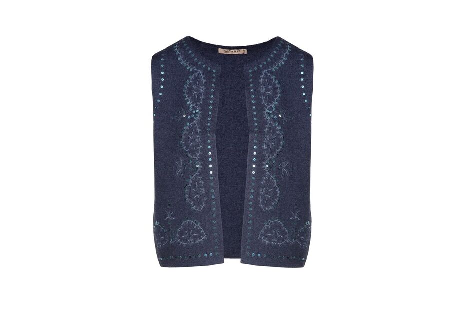 Colete azul com lantejoulas e padrão floral