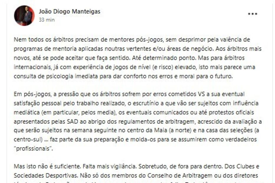 A publicação de João Diogo Manteigas no 'LinkdIn' 