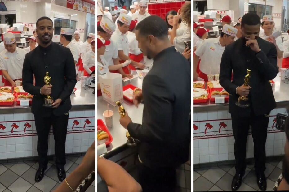 Michael B. Jordan celebra Óscar com hambúrguer num restaurante.
