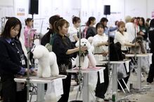 Tosquiador corta pelo a animal de estimação na feira de animais que ocorre no Japão 