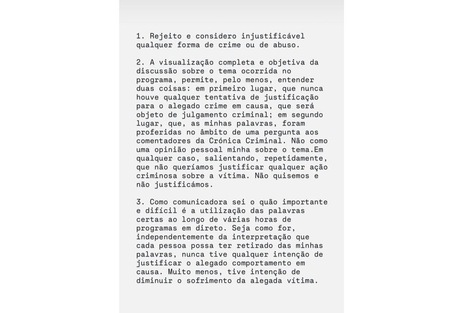Cristina Ferreira rejeita crimes e abusos e esclarece opinião sobre comentários na Crónica Criminal.
