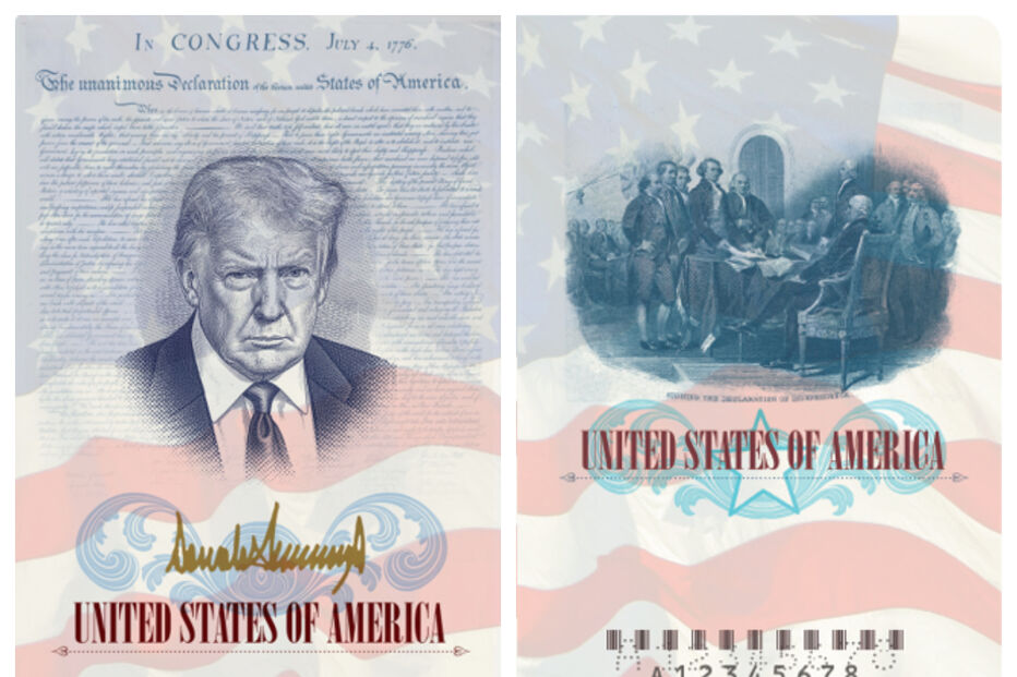 Maquete do passaporte que será emitido com a cara e assinatura de Trump