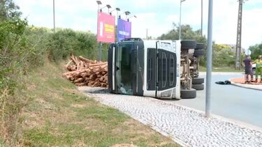 Camião carregado de madeira tombou numa rotunda à entrada de Estremoz