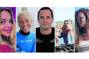 Giorgia Sommacal e a mãe, Monica Montefalcone; os instrutores de mergulho Gianluca Benedetti e Federico Gualtieri; Muriel Poirino, pesquisadora