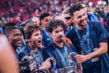 João Neves, Nuno Mendes, Vitinha e Gonçalo Ramos na conquista da Liga dos Campeões