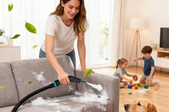 Limpeza a vapor remove bactérias com crianças e cão a brincar em casa