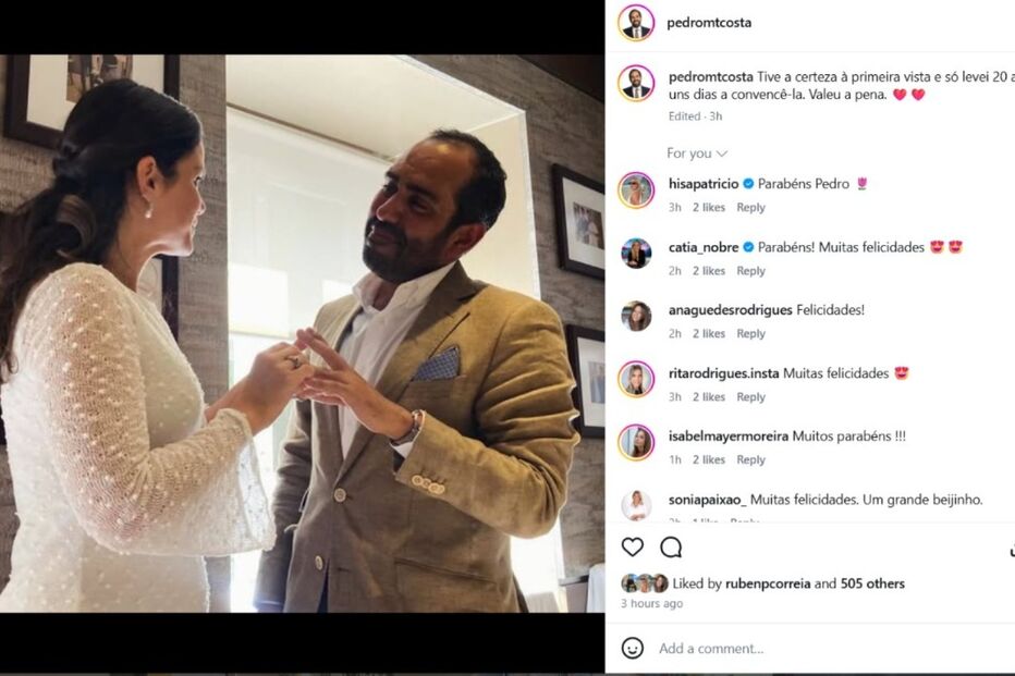 Pedro Costa casou com Mariana Pereira Saraiva após 20 anos de espera