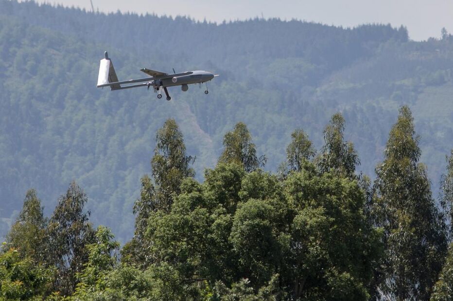Drone sobrevoa área arborizada em dia nublado