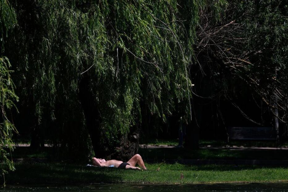 Homem a tomar banhos de sol no parque Titan em Bucareste, Roménia