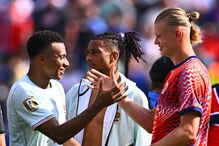 Masculino, Campeonato do Mundo de 2026, Noruega x França, Fase de Grupos, Grupo I, 3.ª jornada, Boston Stadium, em Foxborough. Kylian Mbappé (França, à esquerda) e Erling Haaland (Noruega) conversam após o jogo