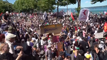 Ambientalistas, feministas e grupos pró-palestinianos protestam contra o G7 em Genebra