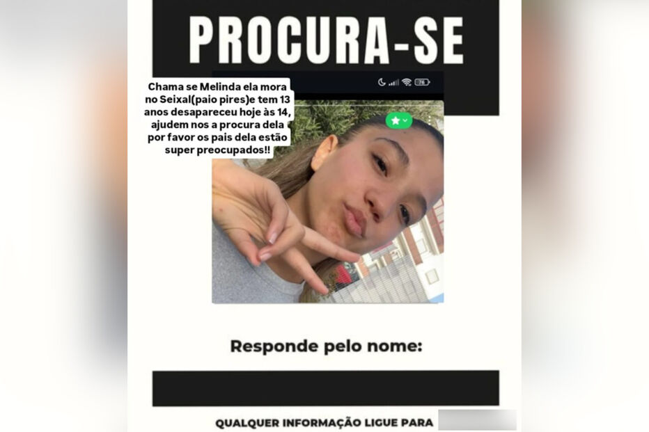 Menina de 13 anos desaparecida no Seixal
