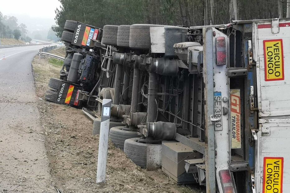 Camião que transportava várias viaturas despistou-se e tombou para a berma, na manhã deste domingo, na A1