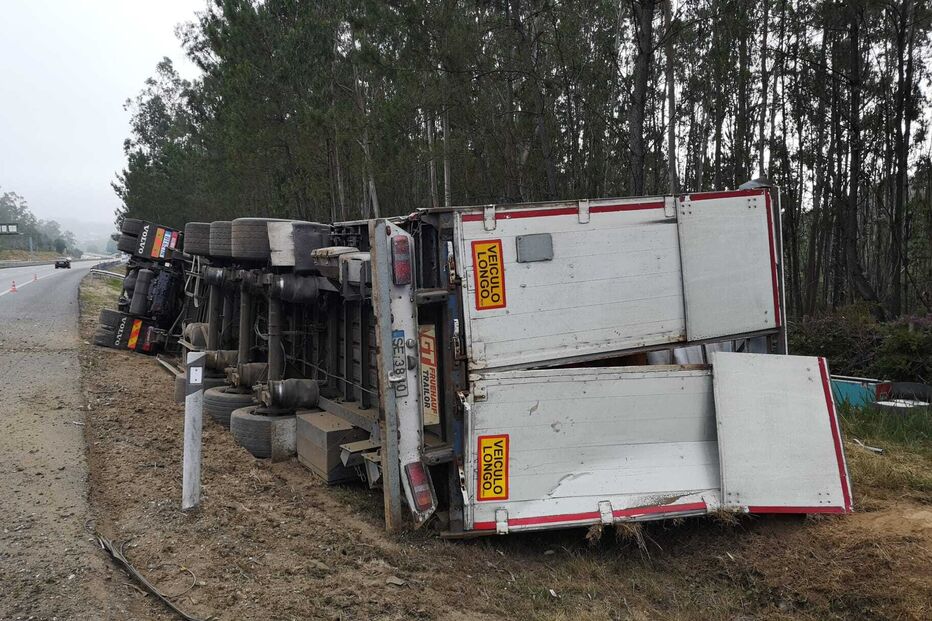 Camião que transportava várias viaturas despistou-se e tombou para a berma, na manhã deste domingo, na A1