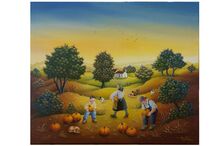 Pintura de paisagem rural com colheita de abóboras e pessoas