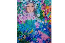 Pintura Naïf de uma mulher rodeada de flores
