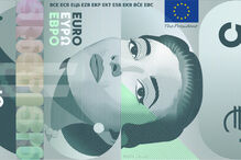 Nota de 5 euros com imagem de Maria Callas e bandeira da União Europeia