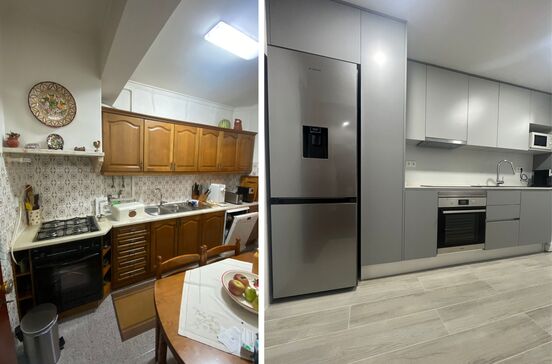 Cozinha antiga transformada em espaço elegante com mobília discreta da Mudelar