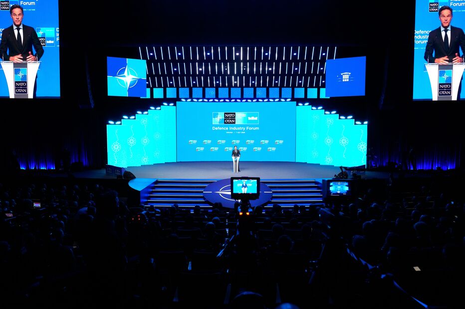 O Secretário-Geral da NATO, Mark Rutte, intervém durante o Fórum da Indústria de Defesa da NATO, na cimeira da NATO em Ancara, na Turquia, na terça-feira, 7 de julho de 2026