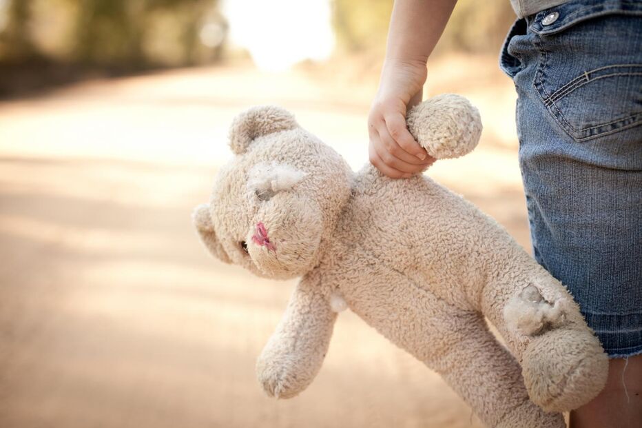 Criança segura peluche enquanto aguarda por uma nova família