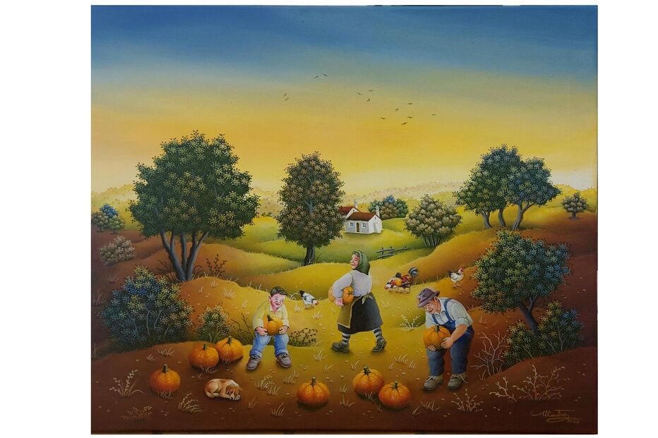 Pintura de paisagem rural com colheita de abóboras e pessoas