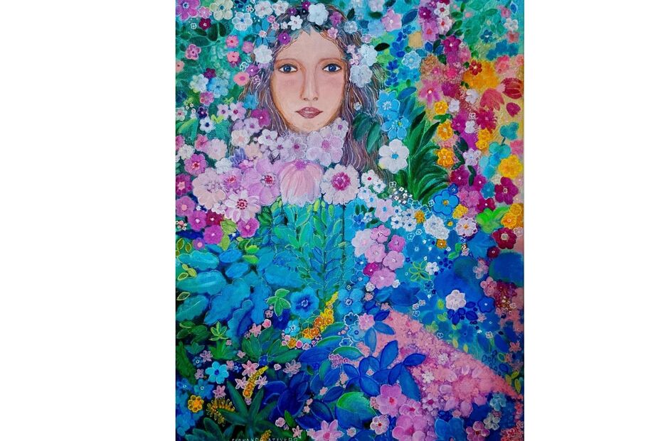 Pintura Naïf de uma mulher rodeada de flores
