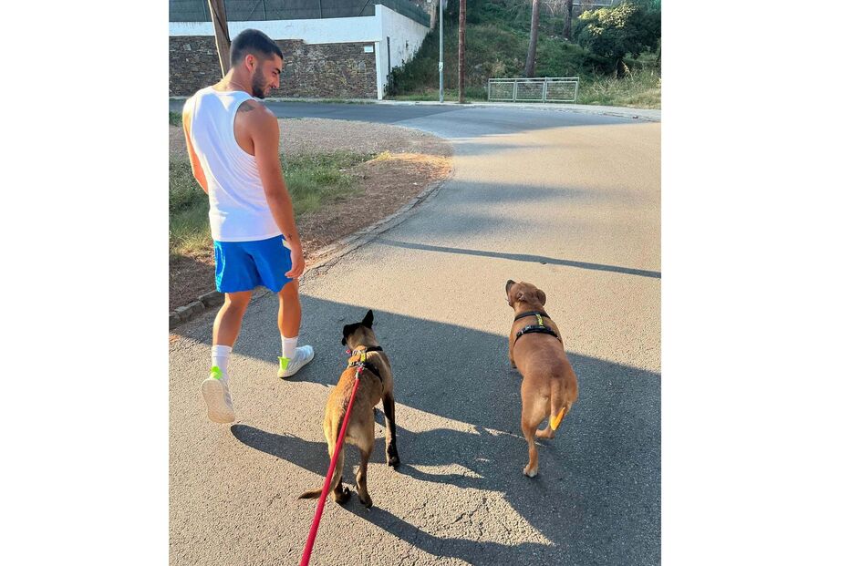Ferran Torres passeia com os seus dois cães numa rua de terra batida