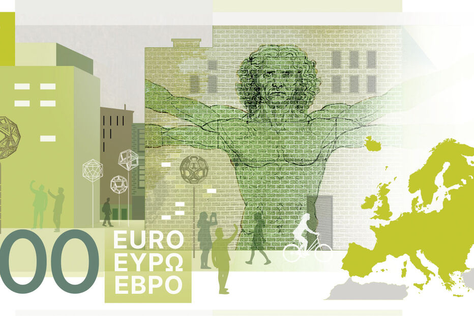 100 euros: Novo design com Homem Vitruviano, mapa da Europa e cidades
