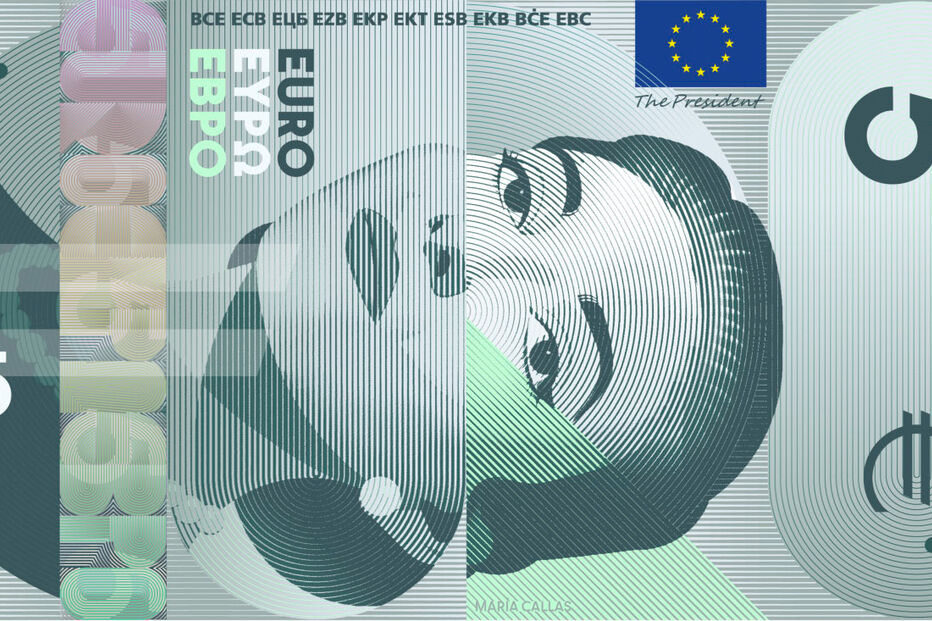 Nota de 5 euros com imagem de Maria Callas e bandeira da União Europeia