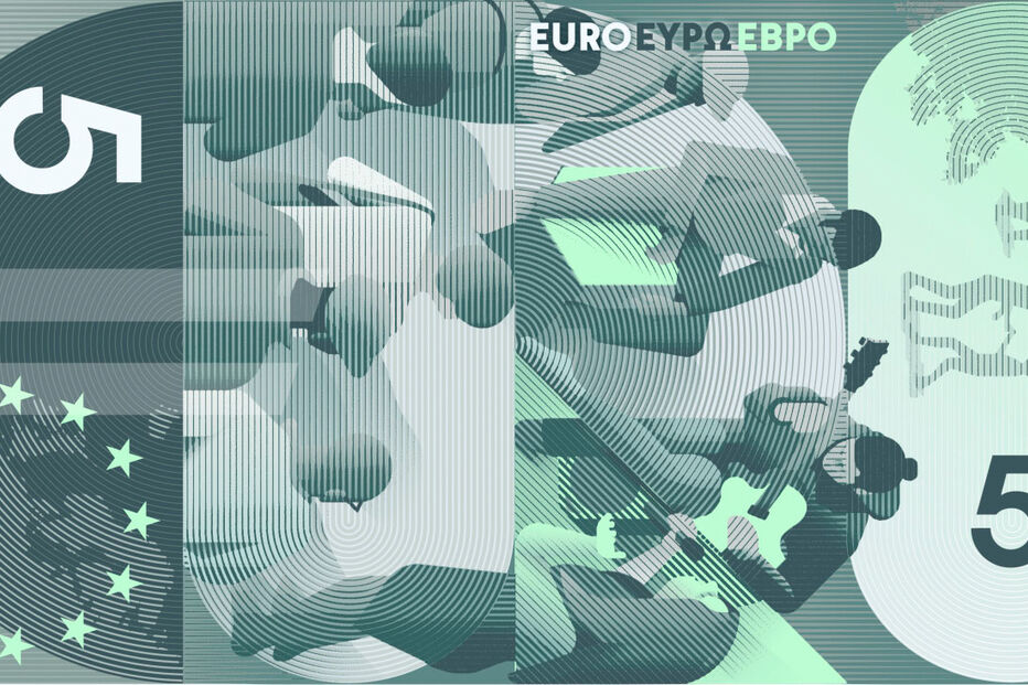 Nova nota de 5 euros com símbolo do euro e imagem stylized