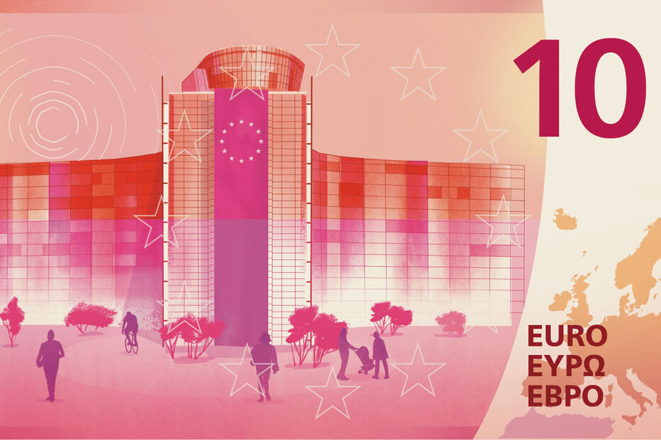 Nova nota de 10 euros com mapa da Europa e símbolo do euro