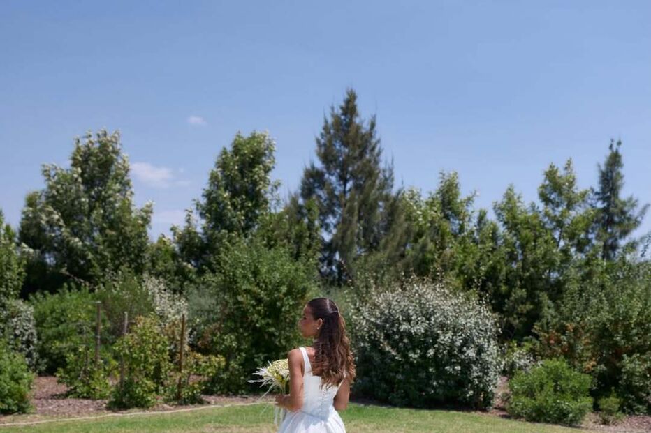 Noiva com véu comprido em jardim