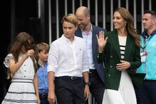 Britain's Kate, Princess of Wales, William, Prince of Wales Prince George and Princess Charlotte, followed by Prince Louis walk during
