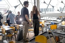 Colombian singer Shakira (C) visits the Carrasquilla Industrial Educational Institution]