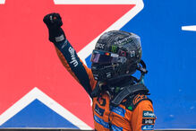 McLaren driver Lando Norris of Britain reacts after winning the Formula One Dutch Grand Prix in Zandvoort , Netherlands, Sunday,