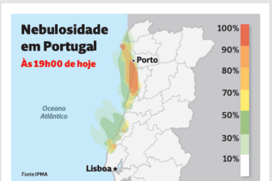 Nebulosidade em Portugal às 19h00 desta quarta-feira