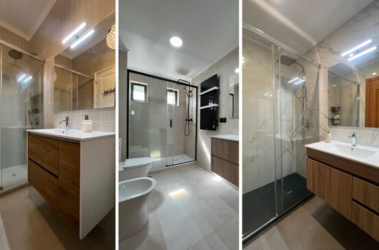 Casas de banho em tendência com bases de duche ao nível do pavimento e iluminação LED