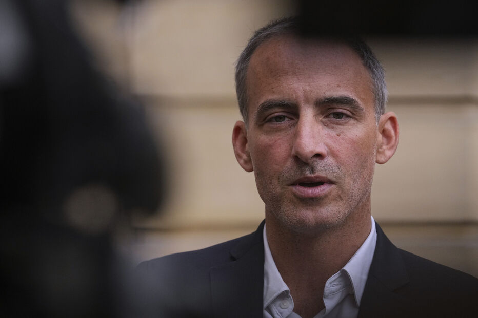 Raphael Glucksmann, co-president of French centre-left party, Place Publique, speaks to medias following a meeting with French Prime Minister Francois