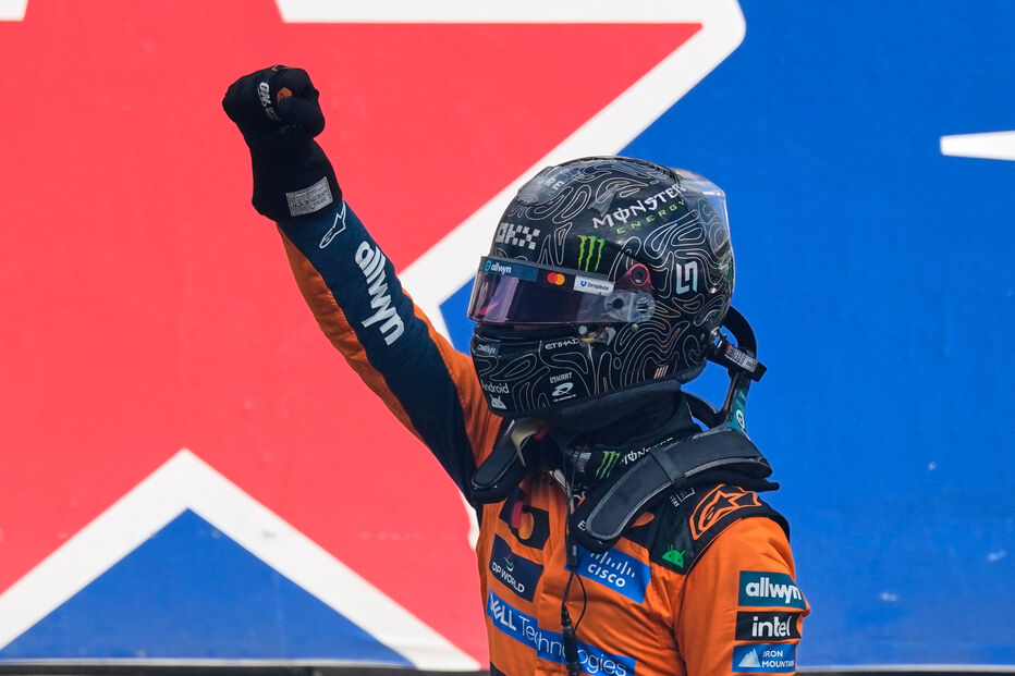 McLaren driver Lando Norris of Britain reacts after winning the Formula One Dutch Grand Prix in Zandvoort , Netherlands, Sunday,