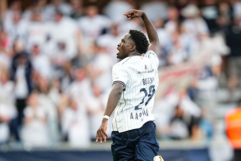 Aarhus' James Bogere celebrates scoring his side's first goal of the game during the UEFA Champions League 3rd qualifying round