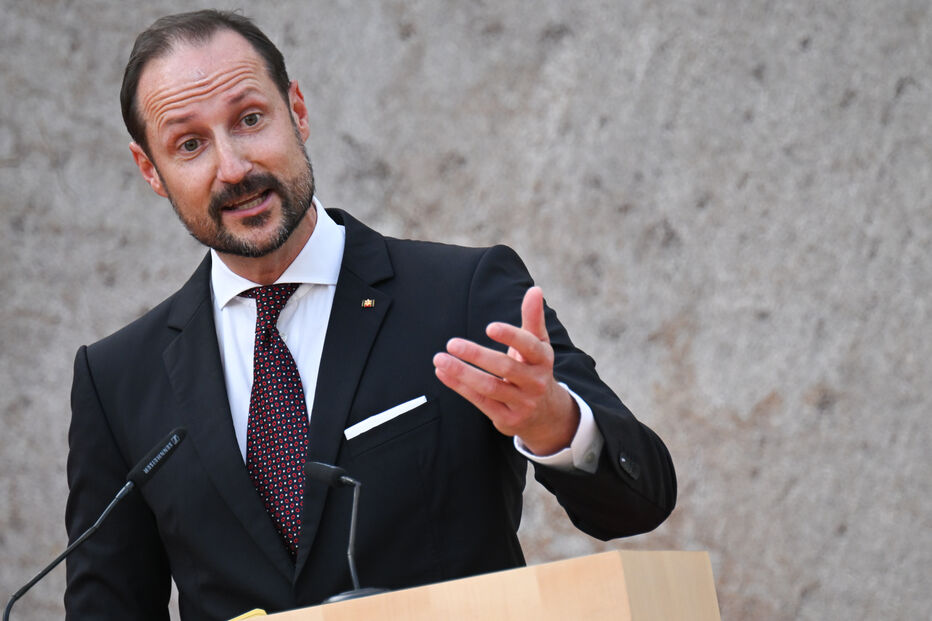 FILED - 21 October 2024, Berlin: Haakon, then Crown Prince of Norway, speaks during a celebration marking the 25th anniversary