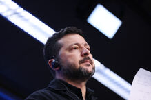 Ukraine's President Volodymyr Zelenskyy during a media conference at the EU summit in Brussels, Friday, Oct. 16, 2026. (AP Photo/Omar