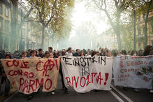 Student demonstrate under the slogan ''do like in France'', in Turin, Italy, Friday, Oct. 16, 2026. (Marco Alpozzi/LaPresse via AP)